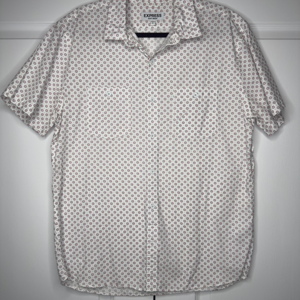 Express Shirt Mens Large White Polka Dot Short Sleeve Soft Wash Button Up Casual